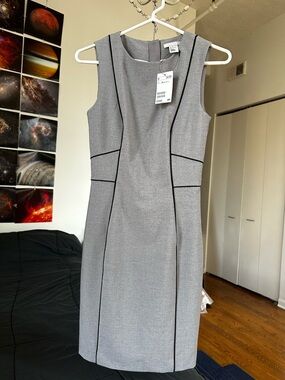 H&M Gray Midi Sheath Dress with Black Piping